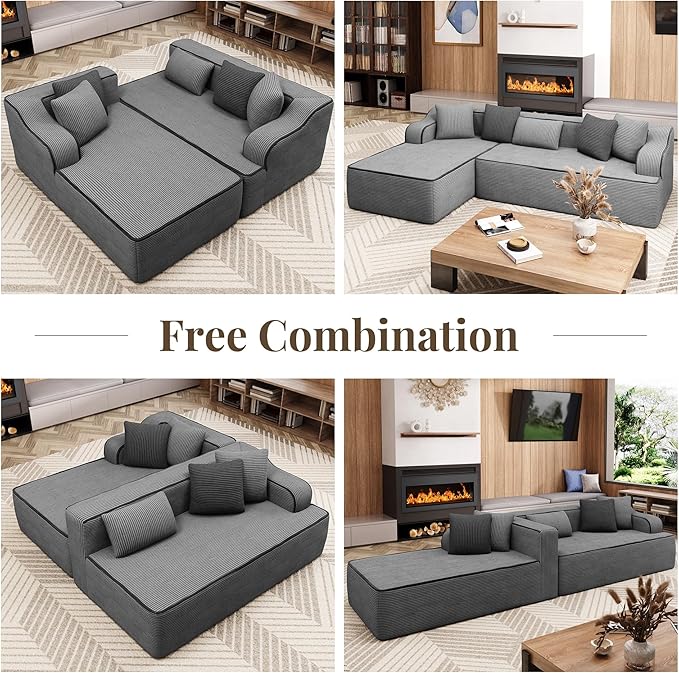 104 Cloud Boneless Sectional Couch with L-Shape Chaise Upholstered Corduroy Couch with Deep Seat No Assembly Required Compressed Sofa for Living Room Apartment Grey