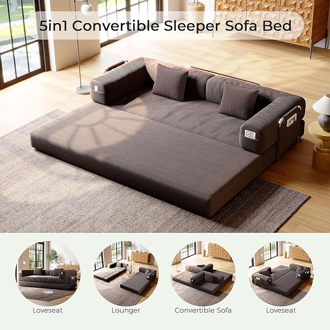 5-in-1 Folding Convertible Sofa Bed Loveseat Sleeper with Pull-Out Bed Floor Sofa Modular Futon Couch 79 Oversized Corduroy Upholstered Boneless Couch for Living Room Bedroom Lounge A-Brown