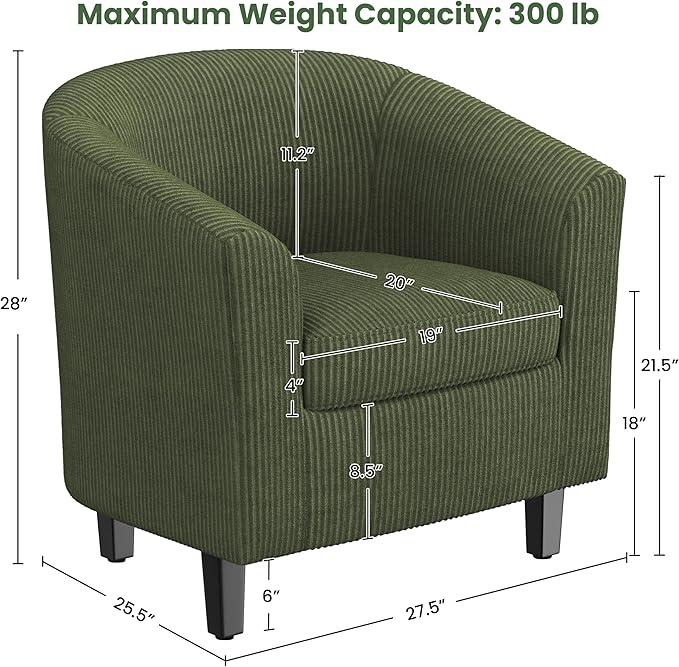 Yaheetech Corduroy Barrel Chair Upholstered Club Accent Chair Round Armchair with Soft Cushion for Living Room Bedroom Reading Room Dark Green