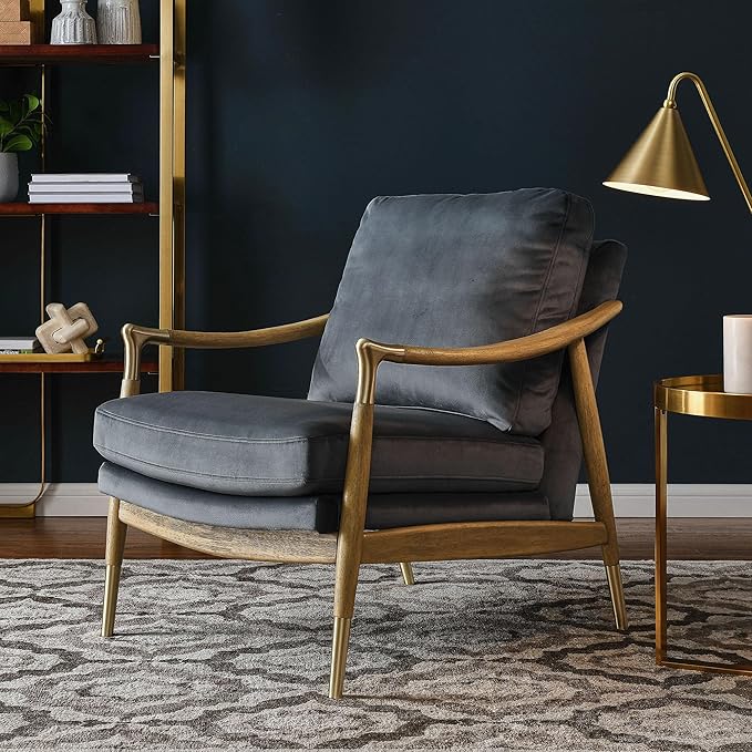 Modway Langford Stain-Resistant Performance Velvet Armchair – Mid Century Modern Velvet Chair with Wood Frame – Upholstered Accent Chair for Living Room or Bedroom