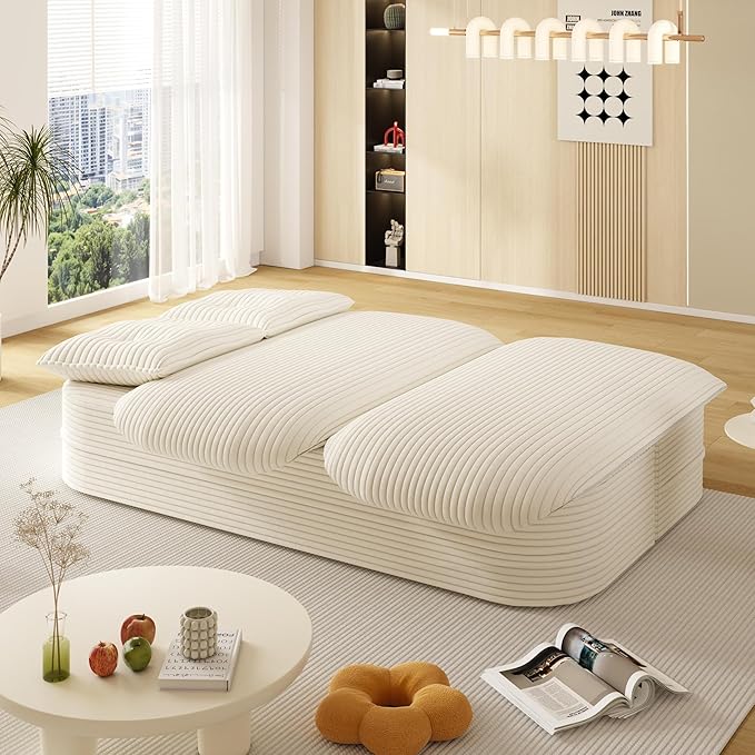 80 Convertible Folding Sofa Bed with Multi Functional BlanketKing Size Folding Mattress Sleeper Cloud Floor CouchCorduroy Boneless Sectional Couches for Living Room Bedroom (Beige)