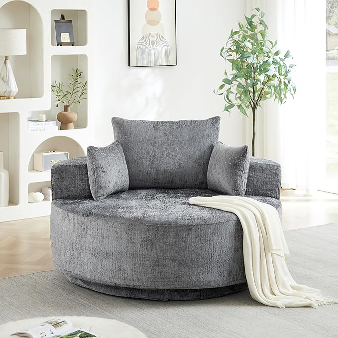 55 Oversized 360 Degree Swivel Chair Modern Round Chair Chaise Lounge Upholstered Chenille Swivel Accent Chair with Deep Seat Single Sleeper Sofa for Living Room (Grey Swivel - Classic Chenille)
