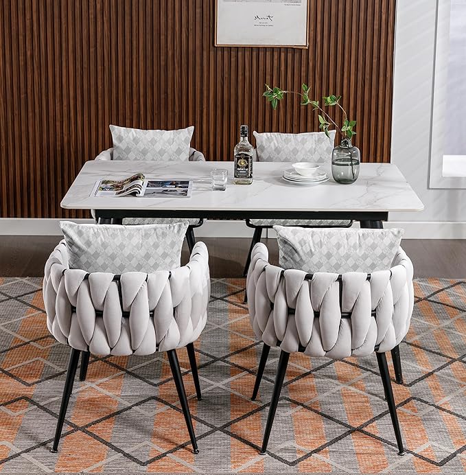 Beige Modern Velvet Dining Chairs Set of 2 Hand Weaving Accent Chairs Living Room Chairs Upholstered Side Chair with Black Metal Legs for Dining Room Kitchen Vanity Living Room