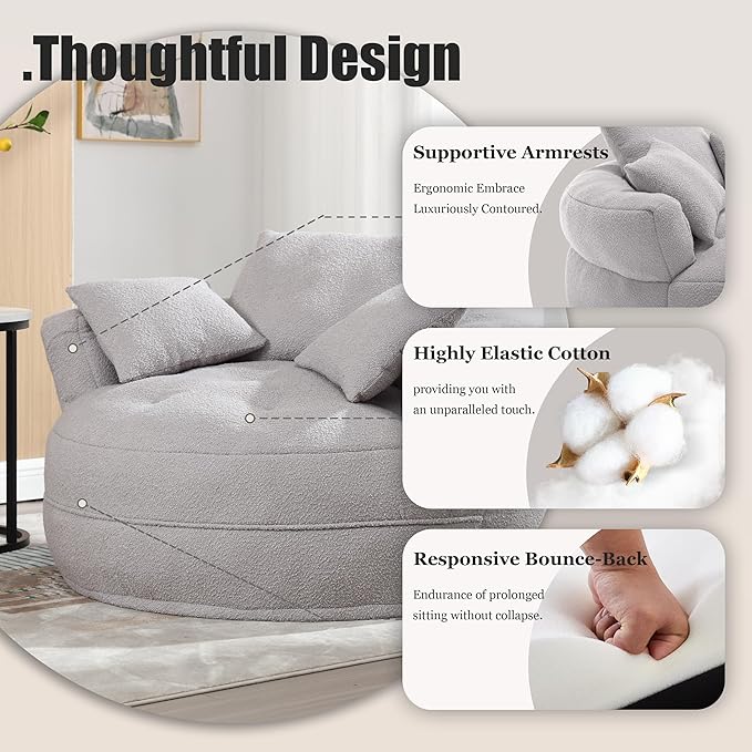 QQU 48“ W Oversized Round Barrel Chair with 3 Pillows Large Round Lounge Barrel Chair for Home Oversized Leisure Single Sofa with Armrests Circle Couch for Living Room Apartment Grey