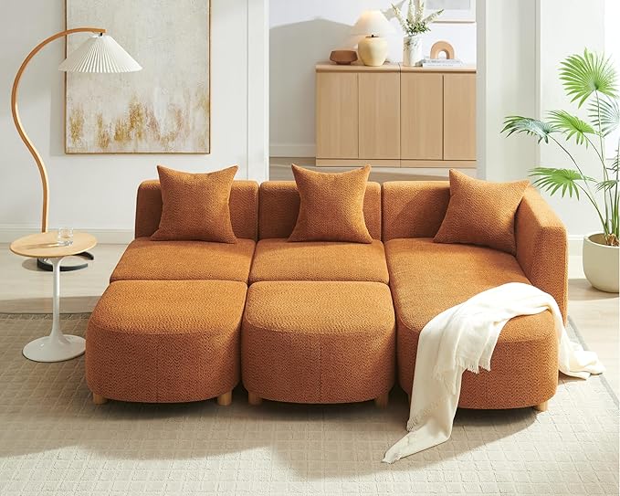 VANOMi 109.84 Modular Sectional Sofa with 3 Pillows Convertible 5-Seater Comfy Boucle Cloud Couch with Ottoman Modern Sectional Sofas for Living Room Office Apartment (Curry)