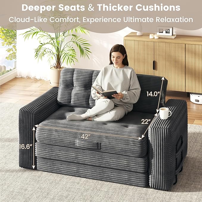 Convertible Sofa Bed 2 in 1 Boneless Couch Bed with 2 Pillows Corduroy Pull out Couch Folding Sofa Bed with Deep Seat Small Loveseat Sleeper Sofa Bed in a Box for Small Spaces No Assembly Required