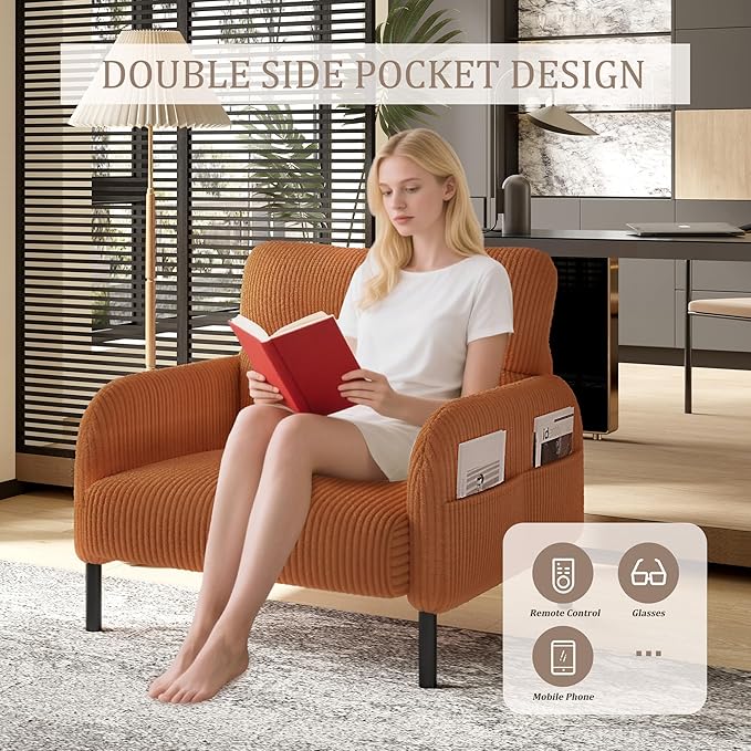26 Modern Single Couch Sofa Corduroy Fabric Armchair Upholstered Sofa Single Sofa Chairs for Small Space Living Room Bedroom Apartment Orange