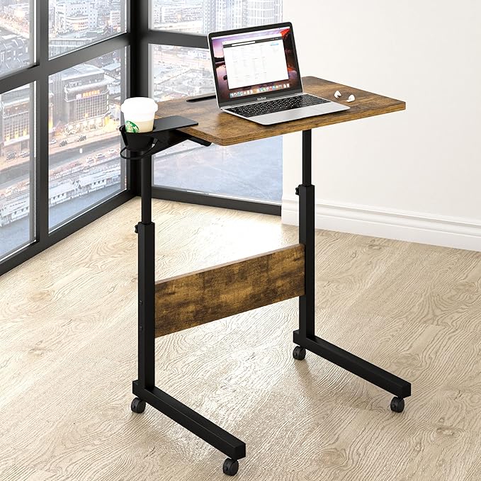 Klvied Standing Desk Adjustable Height Stand Up Desk with Cup Holder Portable and Easy to Move Bedside Table Ideal for Home or Office Walnut
