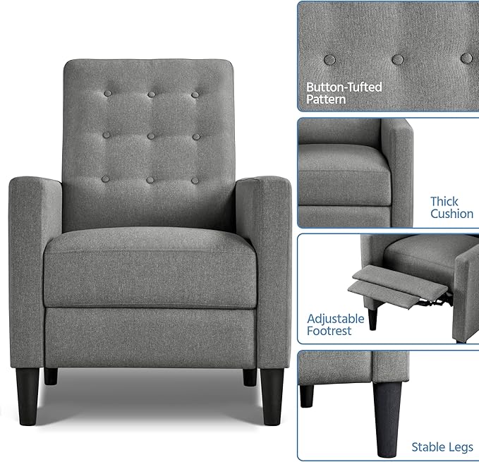 Yaheetech Fabric Recliner Chair Mid-Century Modern Recliner Adjustable Single Recliner Sofa with Thicker Seat Cushion Tufted Upholstered Sofa with Pocket Spring for Living Room Bedroom Gray Set of 2