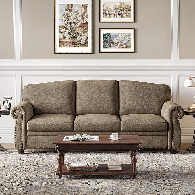 ONBRILL 90 Inch Rolled Arm Sofa for Living Room Deep Seat Nailhead Trim Couch Comfy 3 Seater Chenille Couch w/Wooden Leg Springs Seat Cushion Large Traditional Sofa for Farmhouse Brown