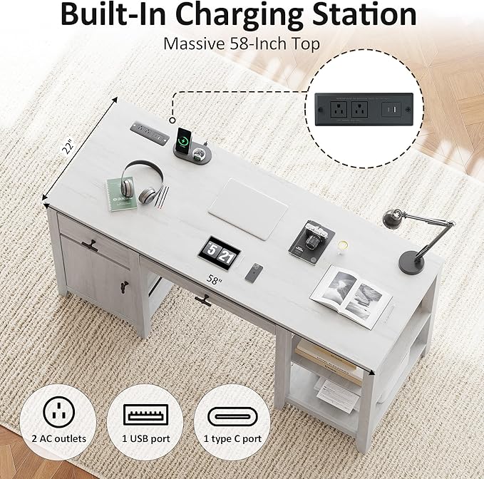 58 Executive Desk with Foldable Keyboard Tray and Charging Station Farmhouse Wood Home Office Desk with Drawers and Magazine Rack Large Writing Computer Desk for Home Office and Study White