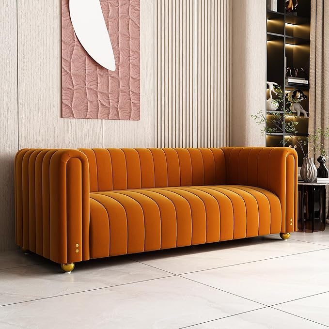 81 Velvet ﻿Orange Couch Mid Century Modern Couches Tufted Sofa 3 Seater Velvet Sofas Loveseat Upholstered Couches with Metal Legs Suitable for Luxury Couch in Living Room