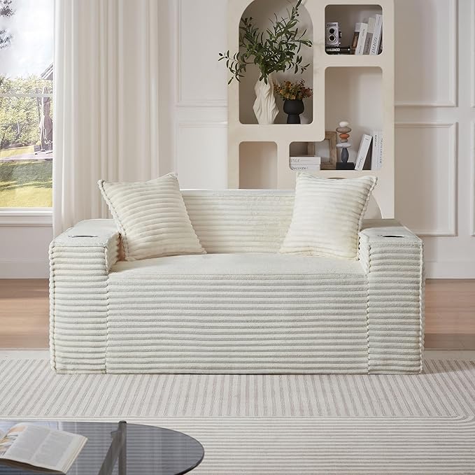 61 Cloud Loveseat Sofa with Cup Holder &amp Side Pocket Corduroy 2 Seater Sofa for Small Spaces Boneless Floor Sofa Couch with Pillow for Living Room Bedroom Apartment (White Loveseat Sofa) | N