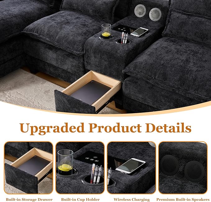 126 Modular Sectional Sofa with Storage Console Cloud Couch Chenille U-Shaped Sofa Cup Holders &amp Wireless Charger Memory Foam Double Chaise for Living Room Office Black