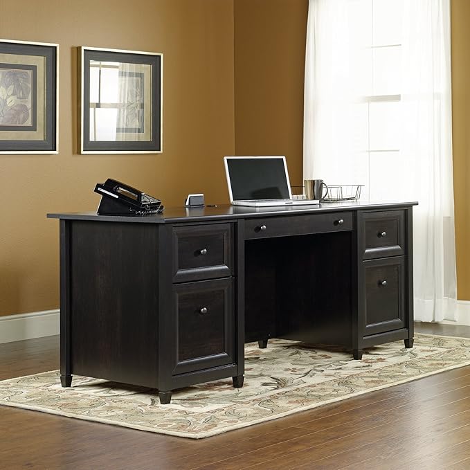 Sauder Edge Water Executive Desk Double Ped Desks Roomy Workspace - Estate Black Finish