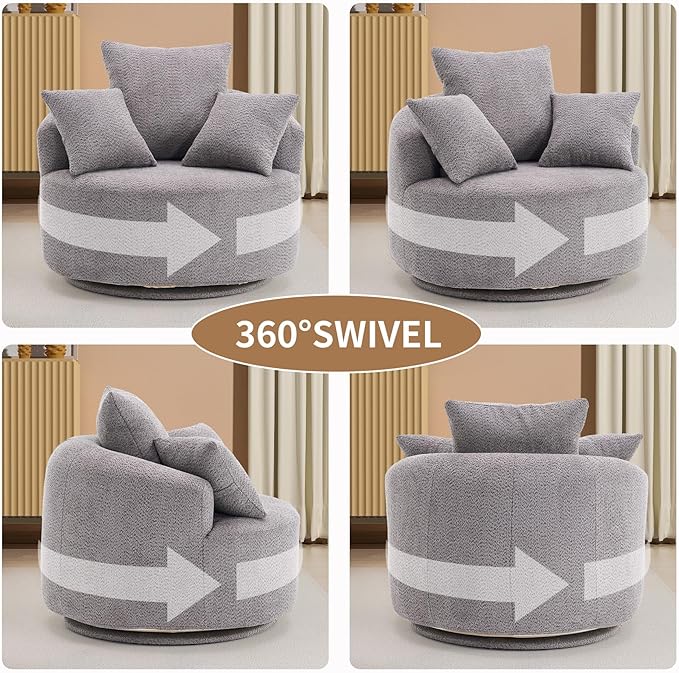 40” Grey Round Swivel Chair with 3 Pillows &amp Thick Cushion Oversized 360° Swivel Accent Chair Modern Boucle Armchair for Nursery Living Room Bedroom Club
