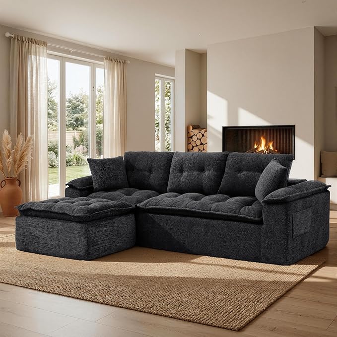 110 Modular Sectional Sofa Cloud Sectional Couch with Ottoman Modern L Shaped Sofa with Deep Seat Upholstered Boneless Couch for Living Room with Layered Cushion No Assembly Black