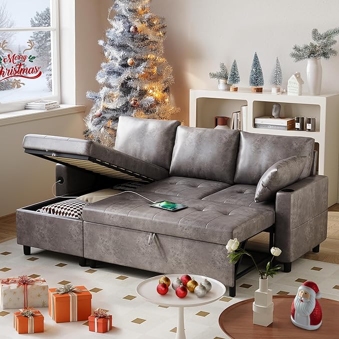 Faux Leather L Shaped Sofa L Shape Couch Pull Out Bed with USB and Cup Holder Storage Cama Queen Bed Sleeper Couch for Living Room Grey