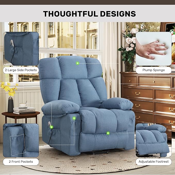 Power Lift Recliner Chair for Elderly Big and Tall Lift Chair with Massage and Heat for Living Room Fabric Electric Recliner Chairs with 4 Side Pockets USB Charge PortBlue