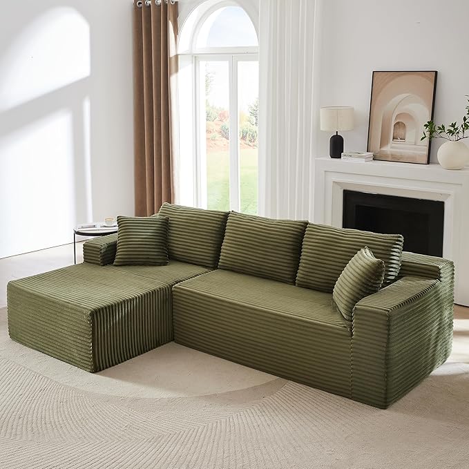 103'' Modular Sectional Sofa with Deep Seat Comfy L Shaped Couch Modern Cloud Couch with Oversized Chaise Corduroy No Assembly Required for Living Room Bedroom Green