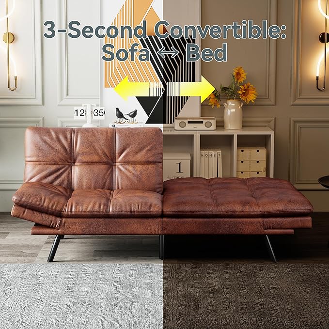 Futon Sofa Bed Convertible Couch Brown Faux Leather Sofa Bed with Memory Foam Adjustable Backrest &amp Armrests Multifunctional Small Loveseat Sleeper Sofa for Living Room Apartment Office