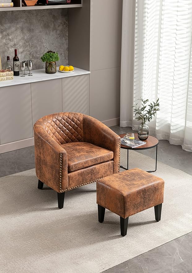 Accent Chair with Ottoman Mid Century Modern Barrel Chair Upholstered Club Tub Round Arms Chair for Living Room