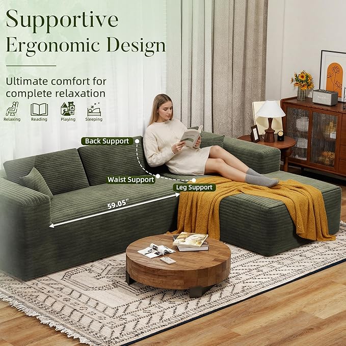 108 Cloud Sectional Couch with L-Shape ChaiseModern Corduroy Boneless Sofa with Deep SeatWide Armrest High Rebound Living Room Sectional CouchNo Assembly Required(Right ChaiseGreen)