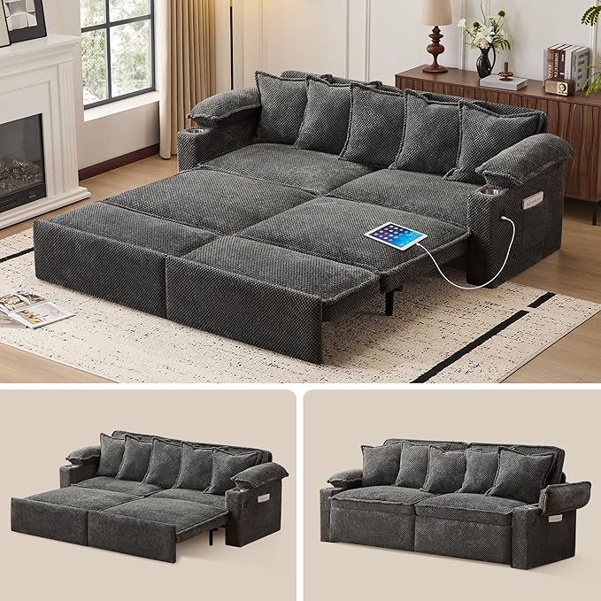 83 King Size Pull Out Sofa Bed 4-in-1 Convertible Sleeper Sofa Bed with USB Ports Cup Holders Side Pockets Corduroy Pull Out Couch Loveseat Chaise for Living Room Small Space (Dark Gray)
