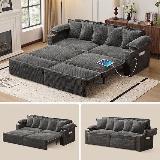 83 King Size Pull Out Sofa Bed 4-in-1 Convertible Sleeper Sofa Bed with USB Ports Cup Holders Side Pockets Corduroy Pull Out Couch Loveseat Chaise for Living Room Small Space (Dark Gray)