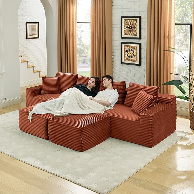 U-Shaped Cloud Sectional Couch Symmetrical Modular Compressed Boneless Sectional Sofa with Chaise Lounges Plush Corduroy Boneless Corner Sofa for Living Room