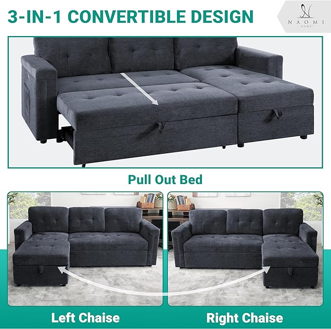 Naomi Home L-Shaped Sectional Sleeper Sofa with USB Ports - Convertible Pull-Out Bed Ample Storage Timeless Design Durable Construction Gray/Microfiber