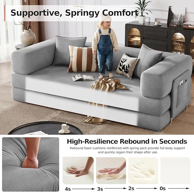 98.4'' Boneless Sleeper Sofa BedConvertible Futon Couch with Storage Pocket and 2 PillowsModular Corduroy Sofa for livingroomSmall speaceGray