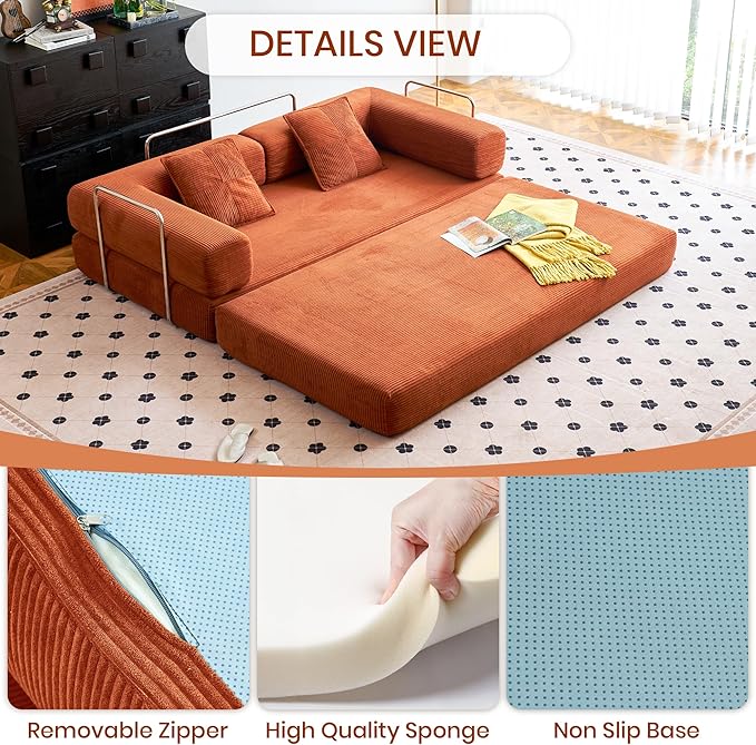 Compression Sofa - 62''Convertible Floor Sofa Bed - with Pillow Back Support Armrest - Comfy Foldable Sofa Bed Compressed Sofa in Box - Corduroy Fabric - for Living Room Bedroom (Orange)