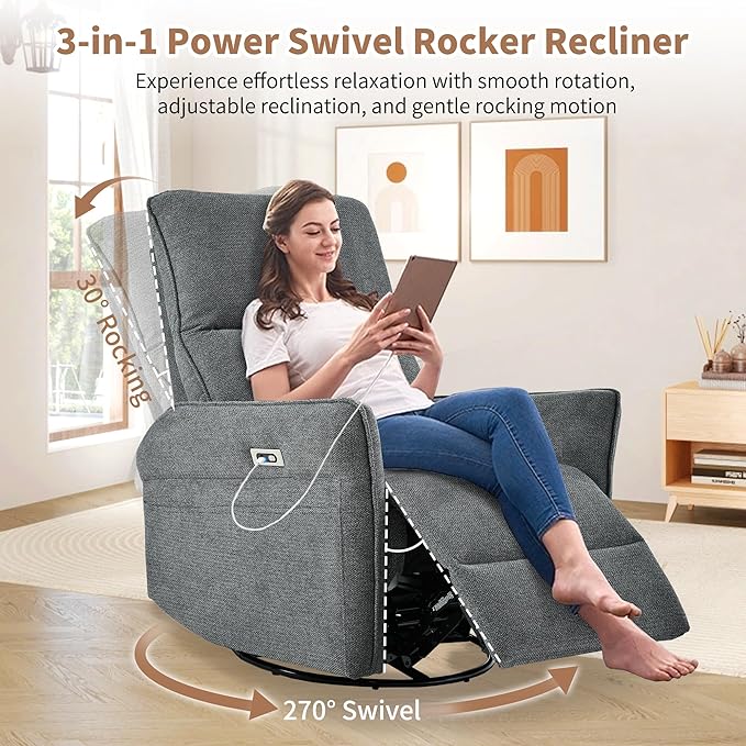 270° Power Swivel Rocker Recliner Chair for Adults – Electric Reclining Small Sofa Chair with Smooth Rocking &amp Rotation Comfortable Single Recliner for Living Room Bedroom (Dark Gray)