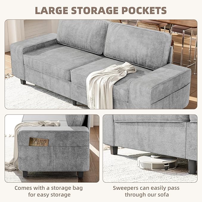 3 Seater Sofa Couch with Deep Seats 84 Mid Century Modern Chenille Fabric Sofa with Armrests Comfy Couches for Living Room Bedroom Apartment and Office