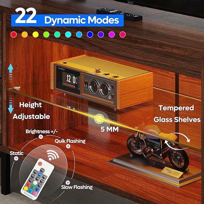 Bestier TV Stand for 75/80/85 inch TV LED Gaming Entertainment Center Modern TV Cabinet with Glass Shelves for Living Room Media Console with 2 Storage Drawers &amp Cabinets for Bedroom Walnut