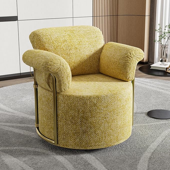 Swivel Accent Chair 360° Bouclé Barrel Chair with Sturdy Metal Frame Yellow Round Accent Chair with Deep Seat &amp Thick Armrests Soft Reading Lounge Chair for Bedroom Living Room Office