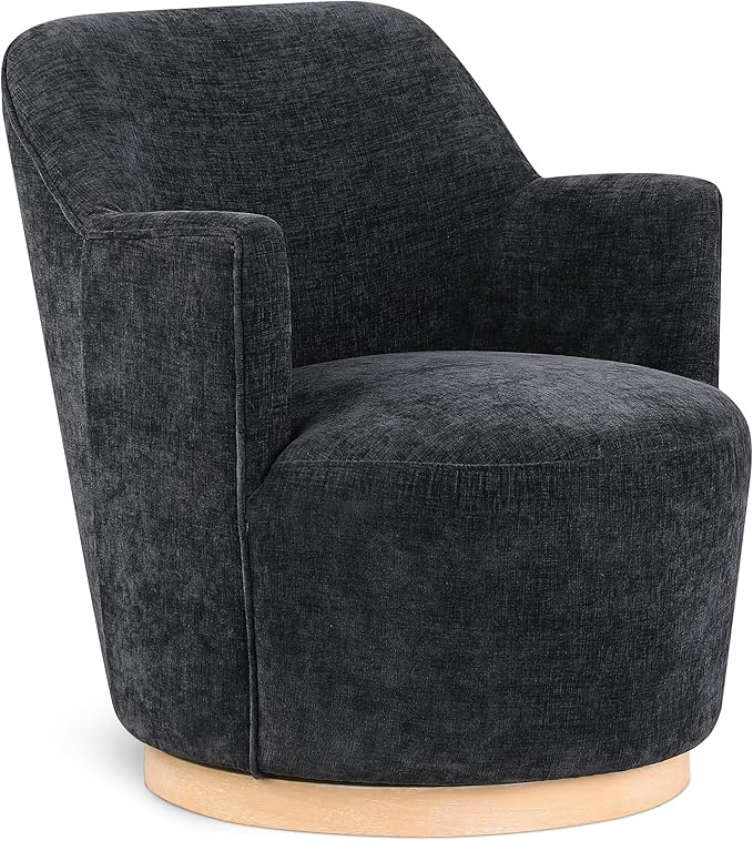 Meridian Furniture 449Black Clarita Collection Modern | Contemporary Swivel Accent Chair with Soft Black Chenille Fabric Natural Wood Finish Base 26.5 W x 30.5 D x 31 H Black