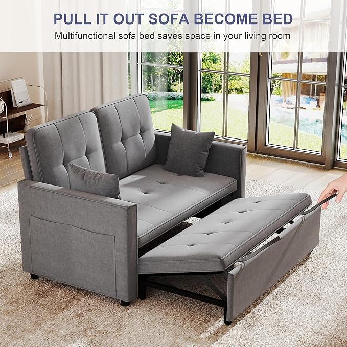 Loveseat Sleeper Sofa Bed Couch: Queen Sleeper Chair Pull Out Bed for Living Room Grey Velvet Couch Beds for Small Spaces 3 in 1 Convertible Sofa with Armrests