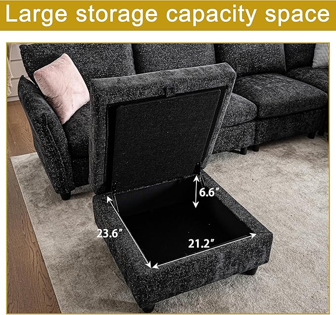 124.4 U Shaped Sectional Couches with Storage Ottoman 6 Seater Chenille Upholstered Modular Sectional Sofa Cloud Couch Sectional Sectional Couches for Living Room Bedroom &amp Apartment (Black)