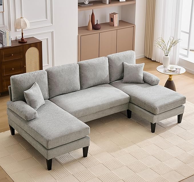 98 U Shaped Couch with 18 Seat Height Sectional Couches for Living Room 4 Seater Couch Set with Double Chaise for Apartment Living Room Sofas Chenille Light Gray