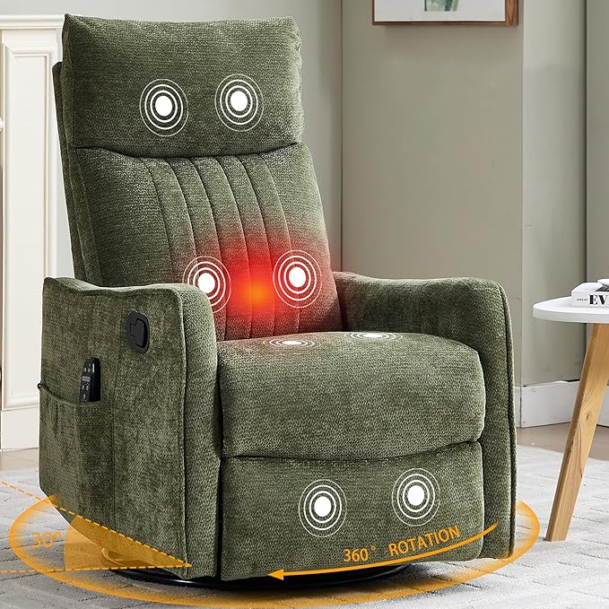 Small Swivel Rocker Recliner Chair for Nursery Heat &amp Massage Manual Upholstered 360° Fabric Glider Chair Small Recliners for Small Spaces Living Room (Green)