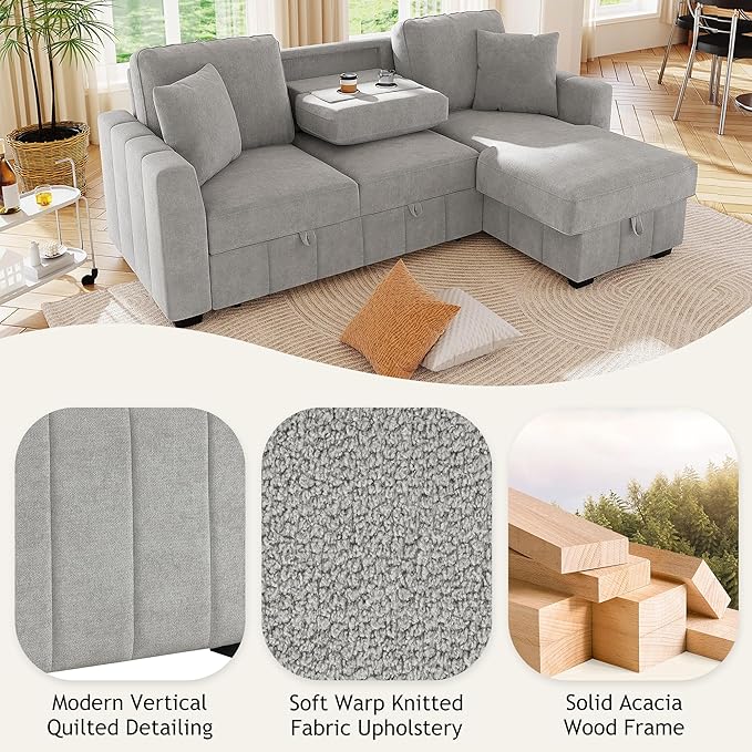 90 L-Shaped Sectional Sleeper Sofa with Reversible Storage Chaise Warp Knitted Fabric Upholstered Convertible Modular Couch with Acacia Wood Frame Drop-Down Center Back Cup Holders (Grey-12.30)