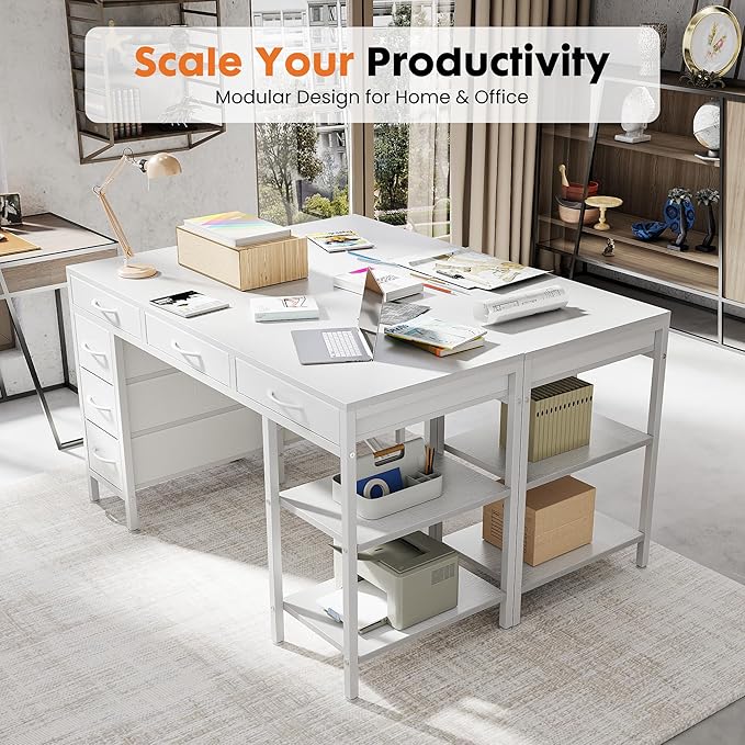 Sweetcrispy 55 Computer Desk with 6 Drawers Home Office Gaming Desks with Storage Shelves for Bedroom Writing Study Corner Living Room Work Table White