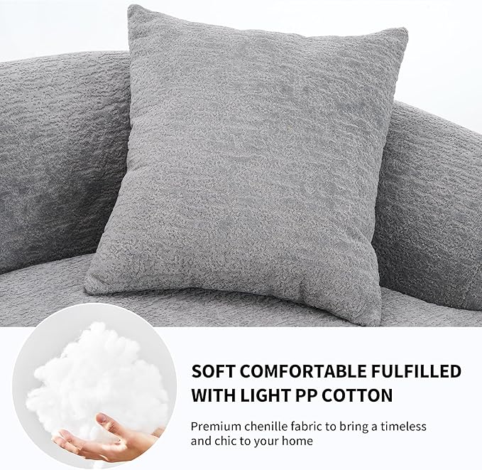 110 Sectional Sofa Round Curved Couch Modern 4 Seat Sofa with Wood Grain Chenille Fabric Comfy Deep Seat Sponge Couch with 4 Pillows for Living Room Grey