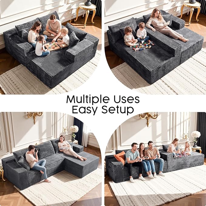 Grey Modular Sectional Couch with 108 L-Shape Chaise Deep Seat Corduroy Sofa Plush Fabric Cloud-Like Couches for Living Room No Assembly Modern Minimalist Furniture (Left Facing Chaise)
