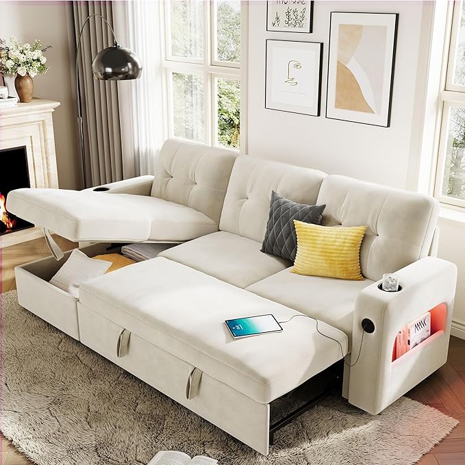 IDEALHOUSE 84 Sleeper Sofa with Storage &amp Charging Station Convertible Sectional Couch Bed with LED Lights Reversible Chaise Pull Out Sofa Bed for Living Room Apartment Velvet Beige