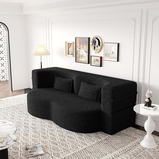 Modern Floor Sofa 78 Convertible Folding Sofa Bed with 2 Pillow Teddy Fabric Foam-Filled Mattress Sleeper for Living Room Guest Bed Playroom No Assembly Required Black