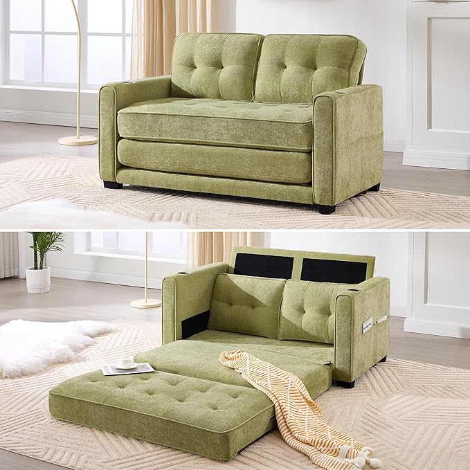 Convertible Sofa Bed Pull Out Loveseat Sleeper CouchLinen Fabric 2 in 1 Folding Couch Bed Fold Out Floor Futon Couches with Cup Holder for Living Room BedroomSmall Space Green