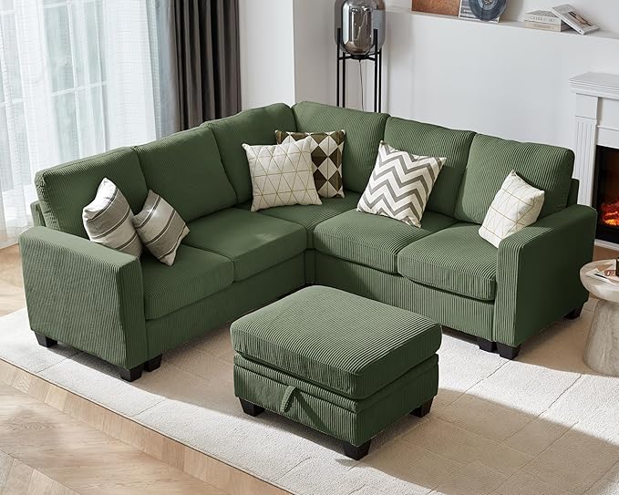 CHIC HOUSE Modular Sectional Couch| Corduroy L Shaped Sleeper Sofa U-Shape Sofa Bed Convertible Chaise with Storage Ottoman for Living Room Modern Furniture (Green 6 Seater L-Shaped)